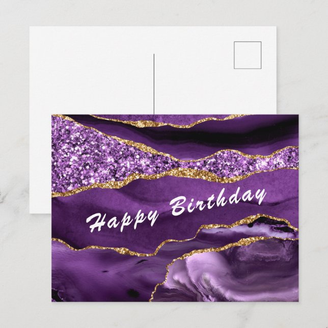Birthday Card Agate Lila Violet Gold Glitzer Postkarte (Vorne/Hinten)