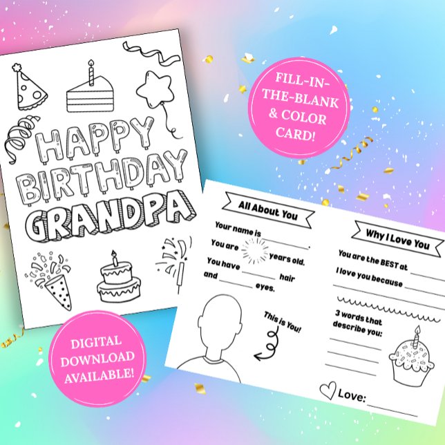 Birthday Card for Grandpa: Kids Coloring Activity Karte (Von Creator hochgeladen)