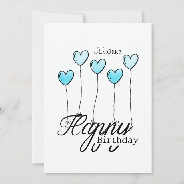 Birthday Card w Light Blue Heart Balloons And Name Karte (Vorderseite)