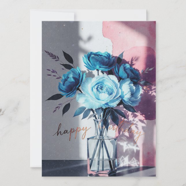 birthday cards blue modern flowers pink watercolor (Vorderseite)