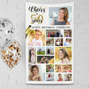 Birthday CHEERS TO # YEARS Black Gold 18 Photo Banner