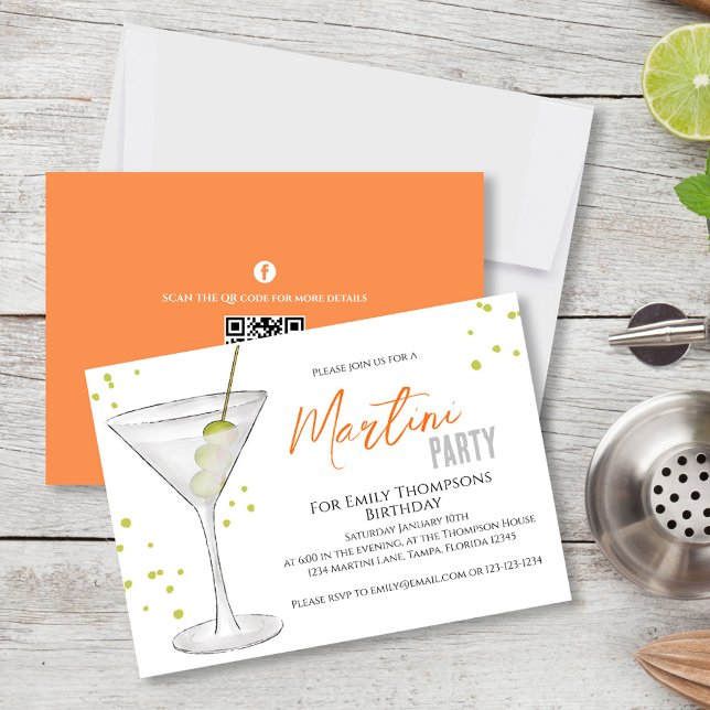 Birthday Chic Adult Watercolor Martini Cocktail Einladung (Birthday party invitation with a watercolor martini and a scannable QR Code. )