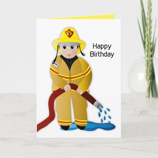 Birthday Child Boy Feuerwehrmann mit Wasserschlauc Karte (Vorderseite)
