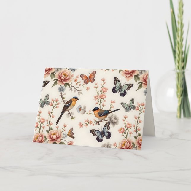 Birthday Chinoiserie Bird and Butterfly Harmonie Karte (Vorderseite)