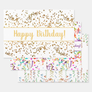 Birthday Colorful Confetti Streamers Gold Custom Geschenkpapier Set
