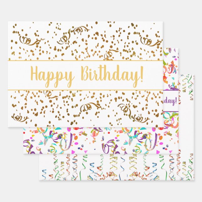 Birthday Colorful Confetti Streamers Gold Custom Geschenkpapier Set (Set)