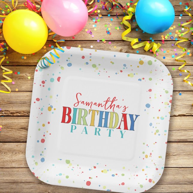 Birthday Colorful Confetti Whimsical Kalligraphie Pappteller (Von Creator hochgeladen)
