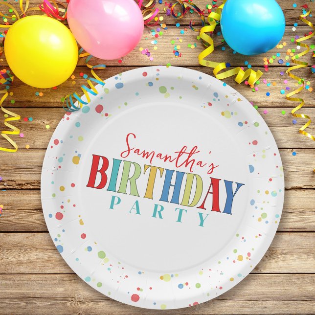 Birthday Colorful Confetti Whimsical Kalligraphie Pappteller (Von Creator hochgeladen)