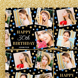 Birthday Confetti Individuelle Name Foto Collage B Geschenkpapier