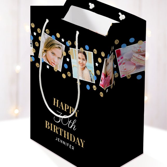 Birthday Confetti Individuelle Name Foto Collage B Mittlere Geschenktüte (Von Creator hochgeladen)