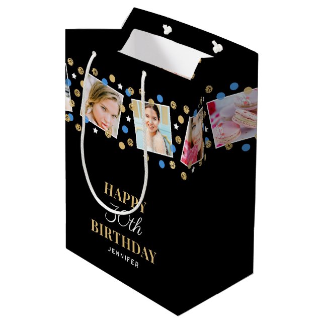 Birthday Confetti Individuelle Name Foto Collage B Mittlere Geschenktüte (Rückseite Schrägansicht)