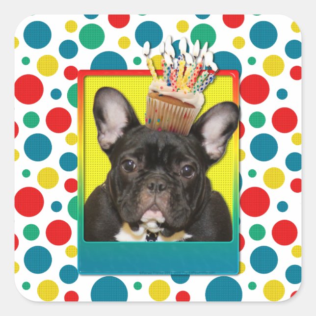Birthday Cupcake - French Bulldog - Aquamarin Quadratischer Aufkleber (Vorderseite)