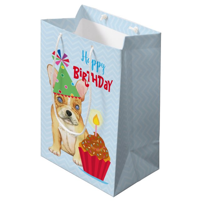 Birthday Cupcake French Bulldog Mittlere Geschenkt Mittlere Geschenktüte (Vorderseite Schrägansicht)
