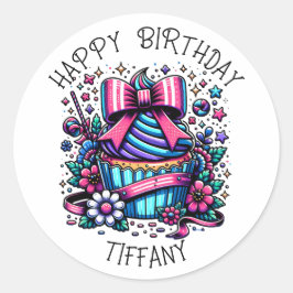 Birthday Cupcake Whimsical Personalisiert Runder Aufkleber
