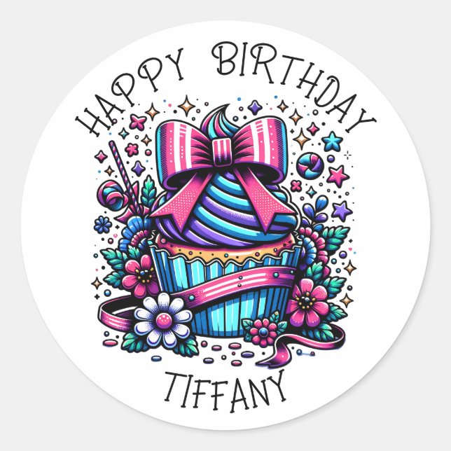Birthday Cupcake Whimsical Personalisiert Runder Aufkleber (Vorderseite)