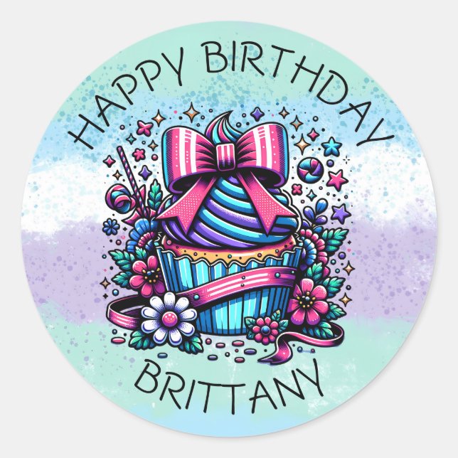 Birthday Cupcake Whimsical Personalisiert Runder Aufkleber (Vorderseite)