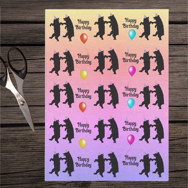 Birthday Dancing Black Bears Party Hats Balloons Seidenpapier (Black dancing bears in striped party hats colourful balloons in pastel colours Birthday tissue paper)