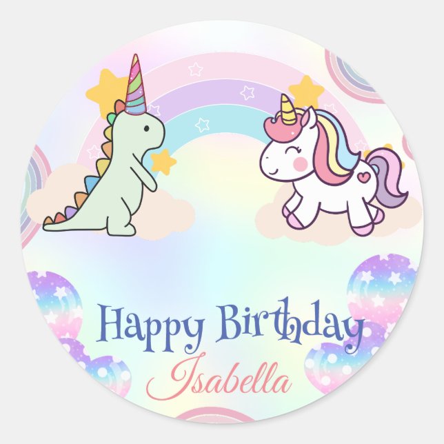 Birthday Dinosaurier Regenbogen Einhorn Party für  Runder Aufkleber (Vorderseite)
