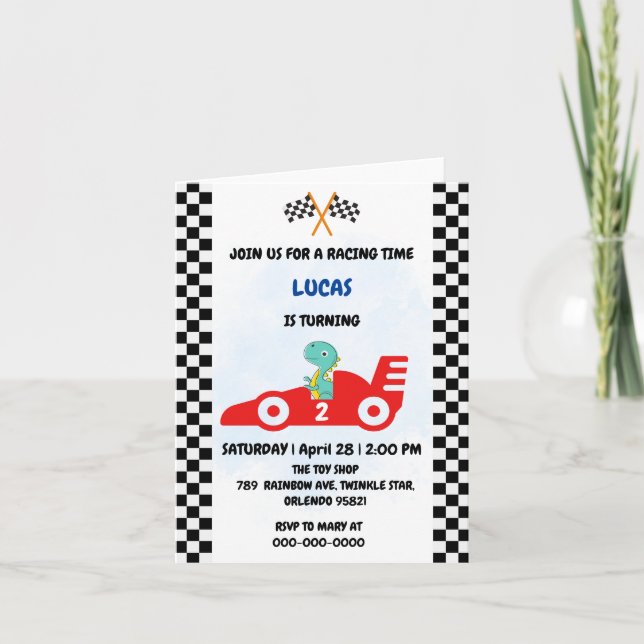 Birthday Dinosaurier Rennfahrer Red Racing Childre Einladung (Vorderseite)