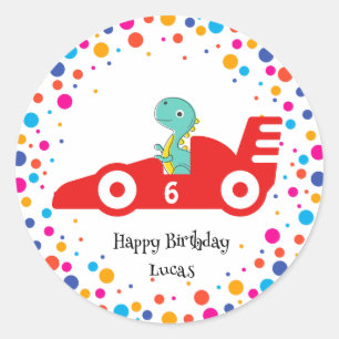 Birthday Dinosaurier Rennfahrer Red Racing Kind Na Runder Aufkleber
