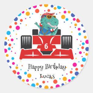 Birthday Dinosaurier Rennfahrer Red Racing Kind Na Runder Aufkleber