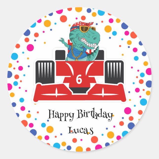 Birthday Dinosaurier Rennfahrer Red Racing Kind Na Runder Aufkleber (Vorderseite)