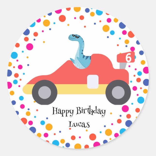 Birthday Dinosaurier Rennfahrer Red Racing Kind Na Runder Aufkleber (Vorderseite)