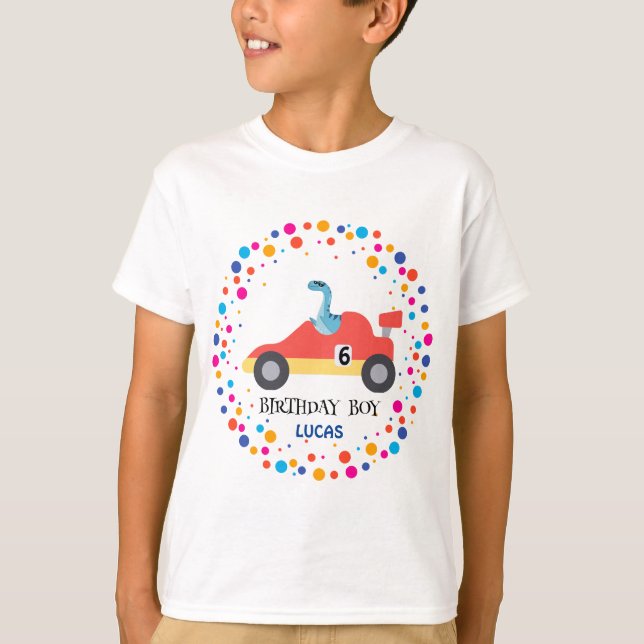 Birthday Dinosaurier Rennfahrer Red Racing Kind Na T-Shirt (Vorderseite)