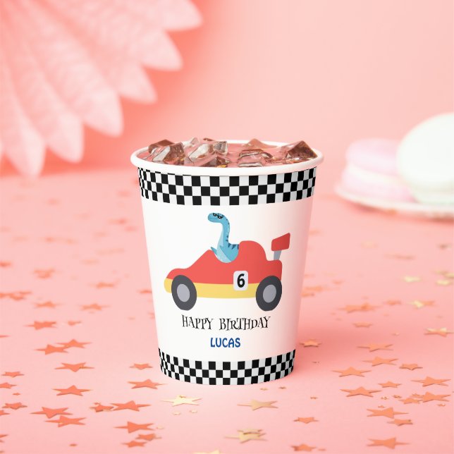 Birthday Dinosaurier Rennwagen Roter Junge Name Pappbecher (Insitu)
