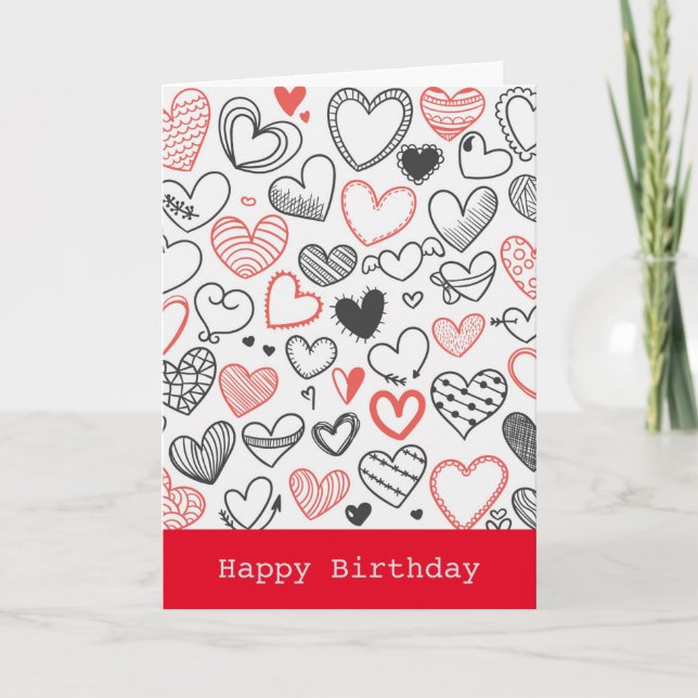 Birthday Doodle Herzen rot-schwarz Hipster Karte (Vorderseite)