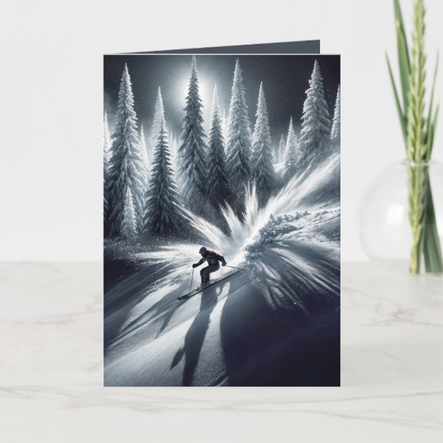 Birthday Downhill Skier in Mondlicht Feiertagskarte (Vorderseite)