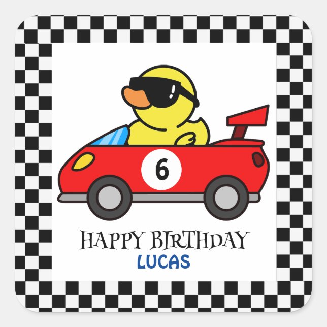 Birthday Duck Rennwagen Roter Junge Name Quadratischer Aufkleber (Vorderseite)