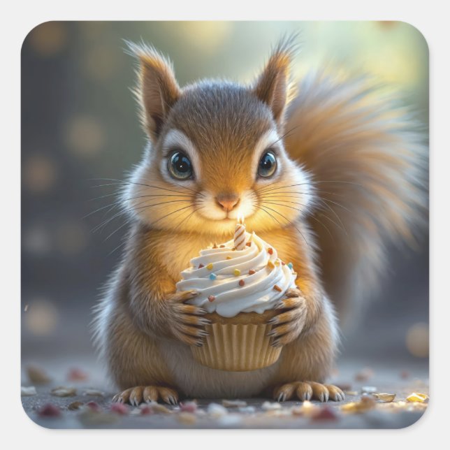 Birthday Eichhörnchen mit Cupcake Quadratischer Aufkleber (Vorderseite)