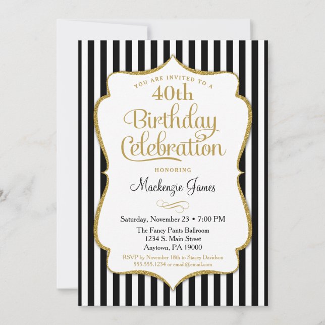Birthday Einladung Black Gold Elegante Streifen (Vorderseite)