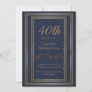 Birthday Einladung Elegant Navy Blue 40. Gold