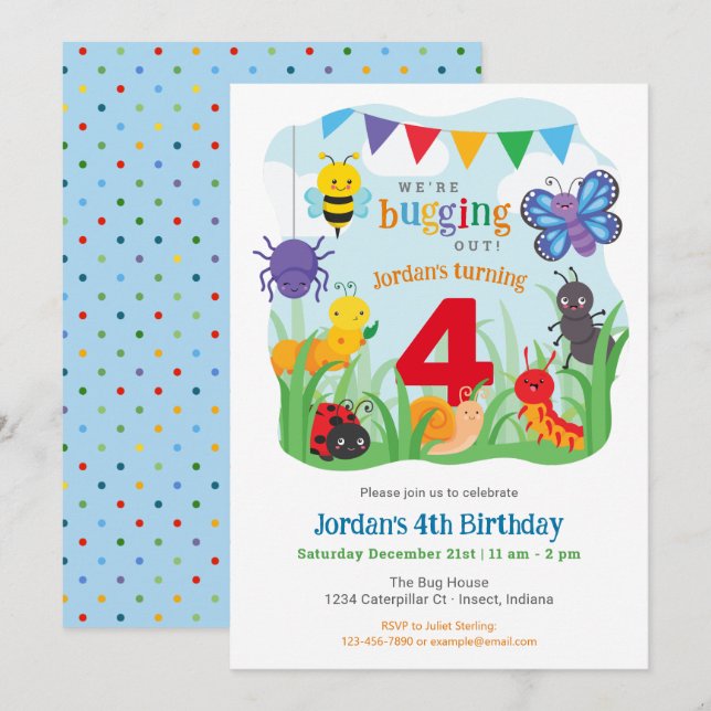 Birthday Einladung, Niedliches farbiges Bug-Party  Einladung (Vorne/Hinten)