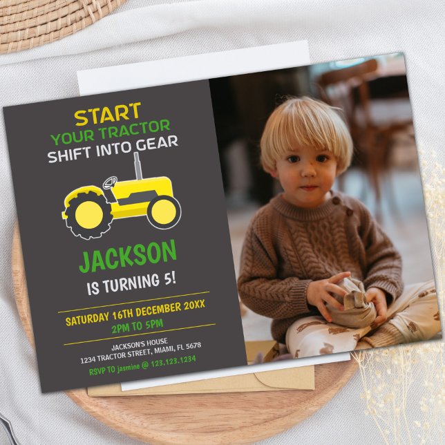 Birthday Einladungen (Yellow Black Tractor Birthday Invitations w Photo)