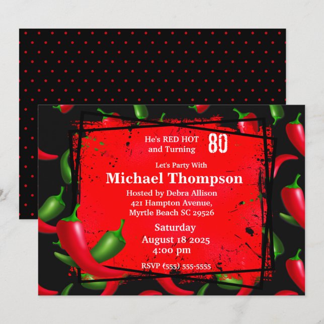 Birthday Einladungen für Männer 80. Red Hot Pepper (Vorne/Hinten)