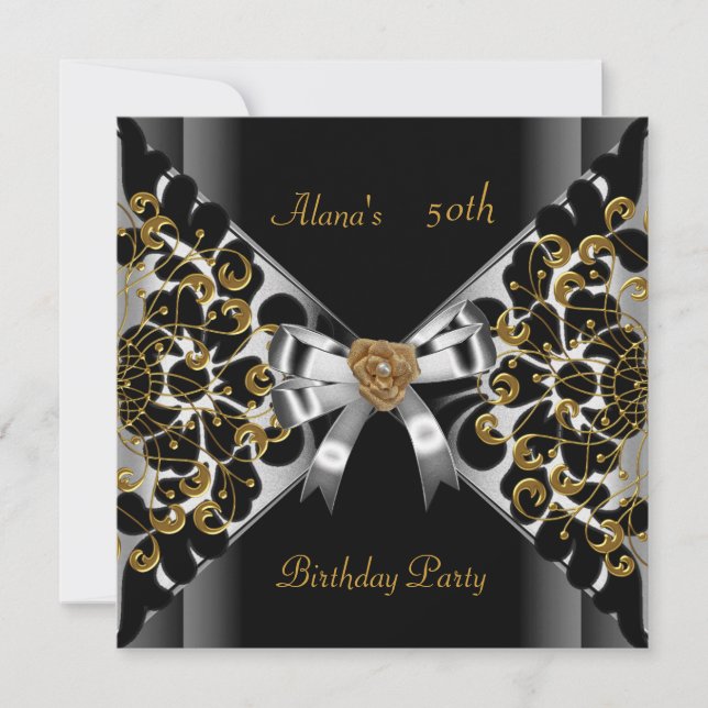 Birthday Elegant Black Silver Gold Party 50. Einladung (Vorderseite)