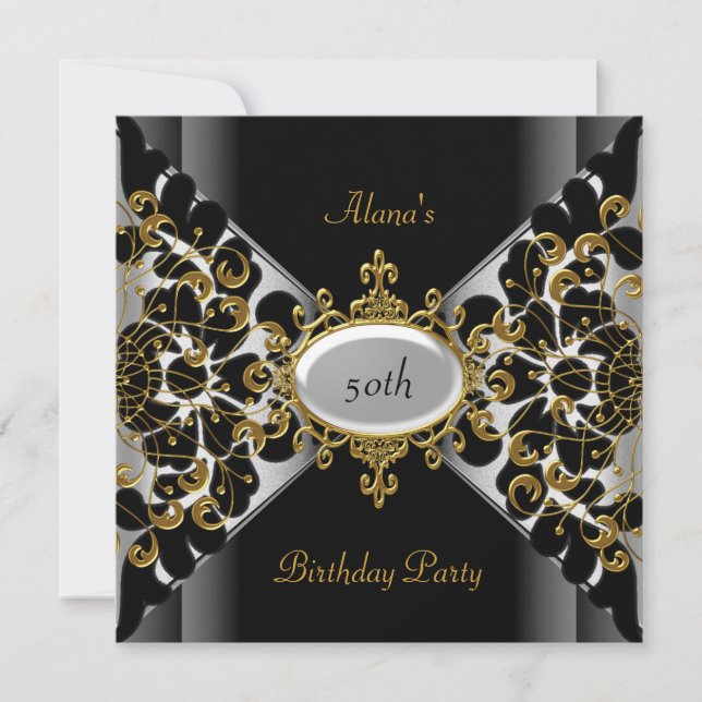 Birthday Elegant Black Silver Gold Party 50. Einladung (Vorderseite)