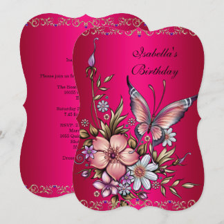Birthday Elegante Pink Fushia Floral Butterfly Einladung
