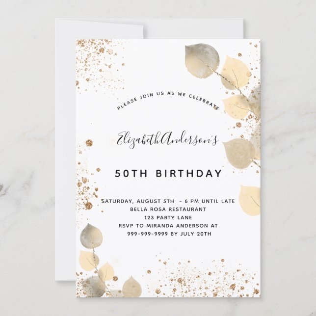 Birthday Eucalyptus foliing Glitzer Golden Einladung (Vorderseite)