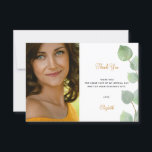 Birthday eucalyptus greenery white gold dankeskarte<br><div class="desc">A modern and elegant photo thank you card. A chic white background decorated with eucalyptus greenery.  Personalize and add your photo,  your thank you note and name.</div>