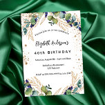 Birthday Eukalyptus grün Glitzer Luxus Einladung<br><div class="desc">Für eine 40. Geburtstagsfeier (oder jedes Alter). Weiß,  mit Eukalyptusgrün und goldenen Blätter dekoriert. Dekoriert mit Imitaten Gold Glitzer,  Glitzern. Personalisieren und fügen Sie Ihre Namen und Hochzeitsdetails. Schwarze Buchstaben.</div>