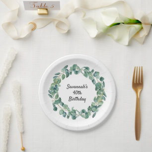 Birthday Eukalyptus grüne Kranz Name elegant Pappteller