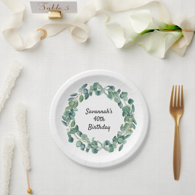 Birthday Eukalyptus grüne Kranz Name elegant Pappteller (Hochzeit)