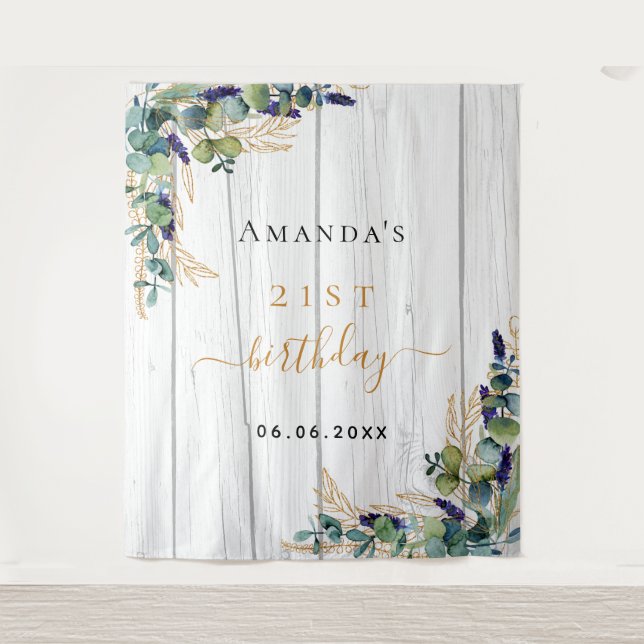 Birthday Eukalyptus grüne rustikale Holzbezeichnun Wandteppich (Vorderseite)