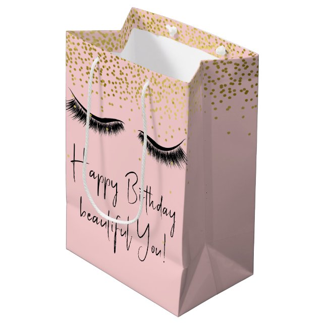 Birthday Eyelashes mit Gold Glitzer Mittlere Geschenktüte (Vorderseite Schrägansicht)