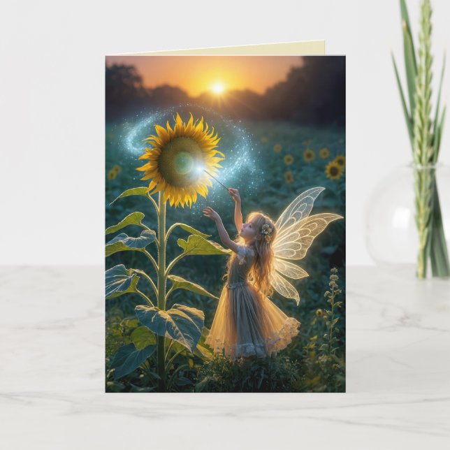 Birthday Fairy Girl Casting a Zauber auf der Sonne Karte (Vorderseite)