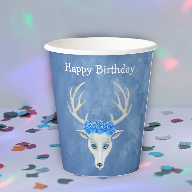 Birthday Fantasy White Deer Head Blue Rose Pappbecher (Mystical white deer head antlers crown of blue roses on misty blue Birthday party paper cup.)